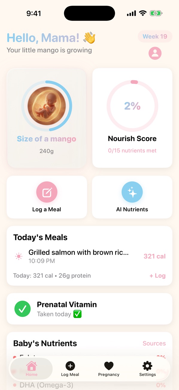 Healthy Bump home: baby size and Nourish Score