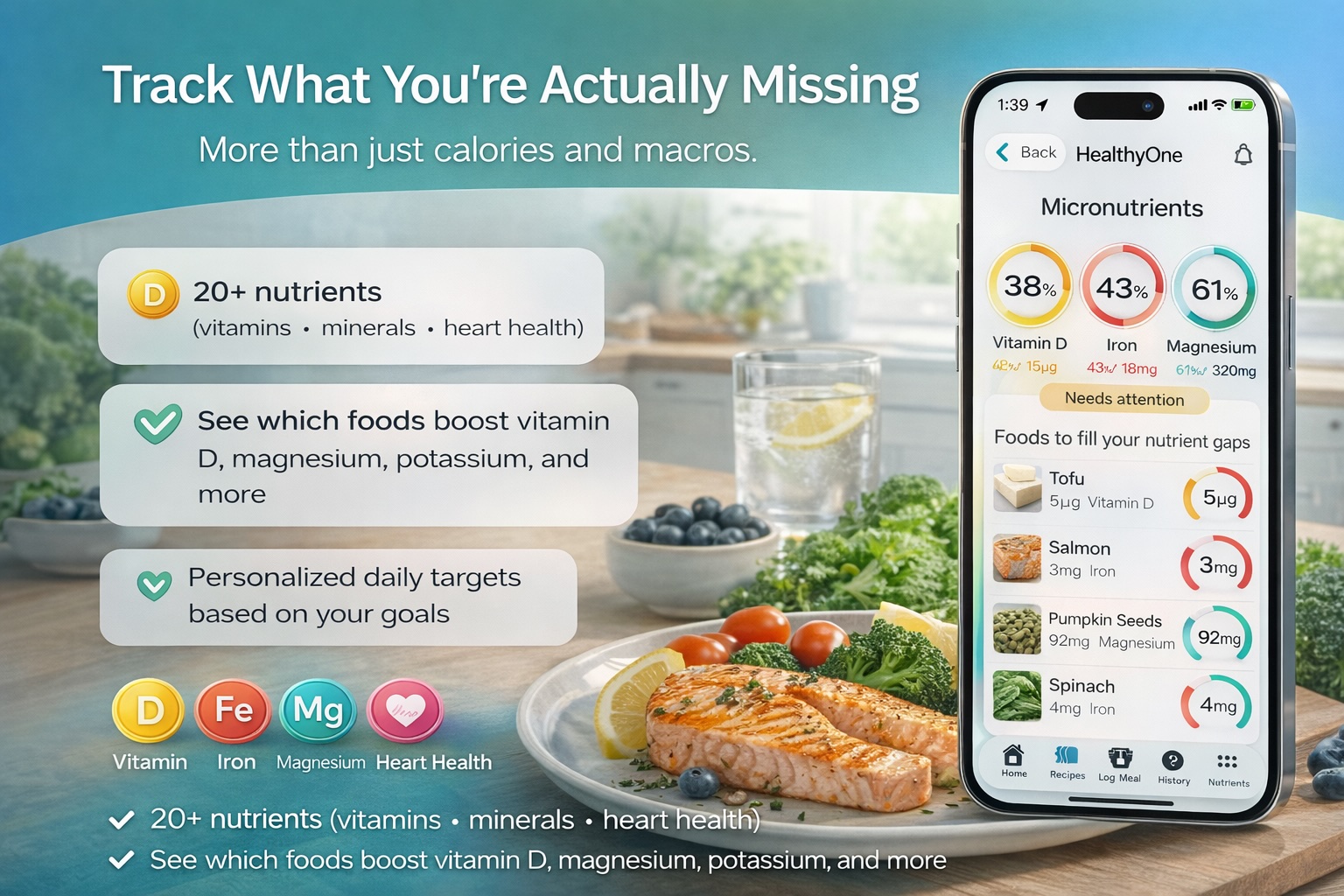 HealthyOne micronutrient tracking showing Vitamin D, Iron, and Magnesium levels with food recommendations